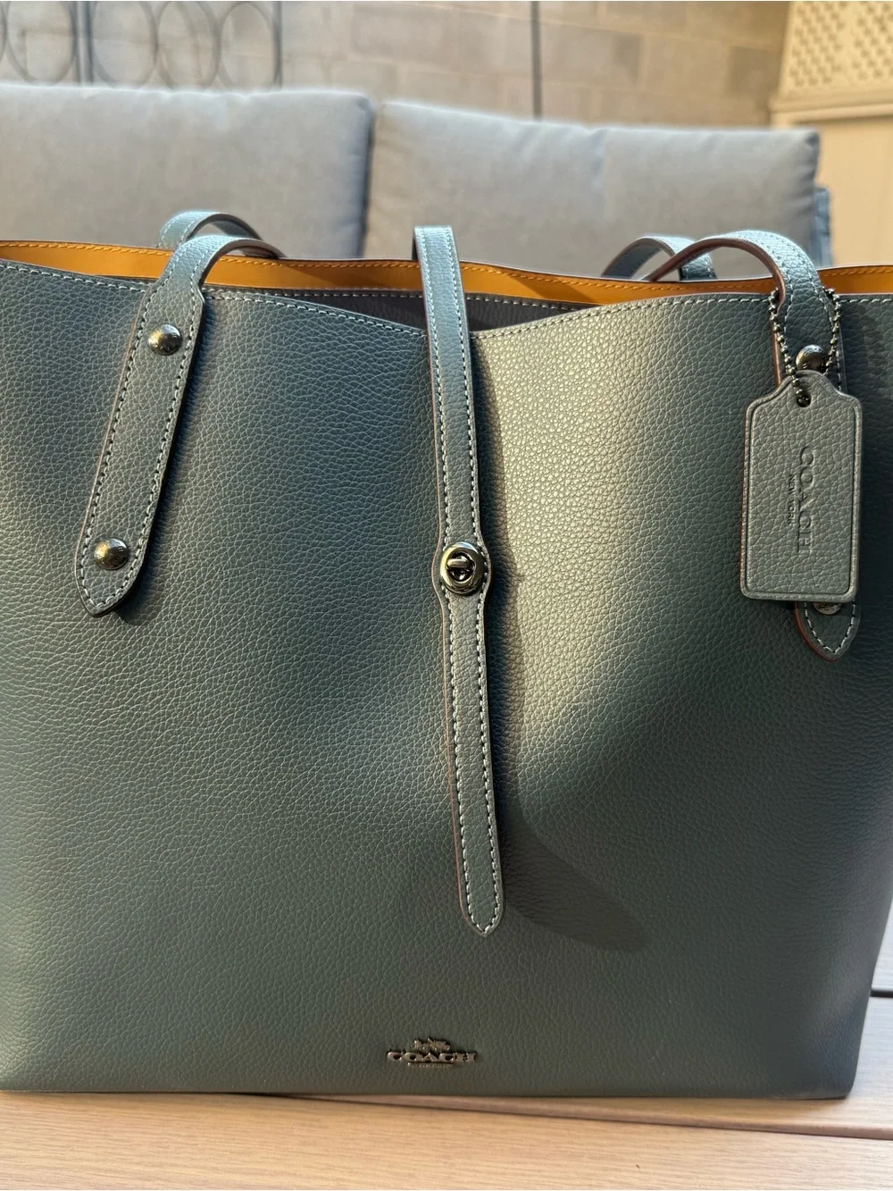 Coach Leather Market Large Tote in Denim Blue with Marigold Interior
